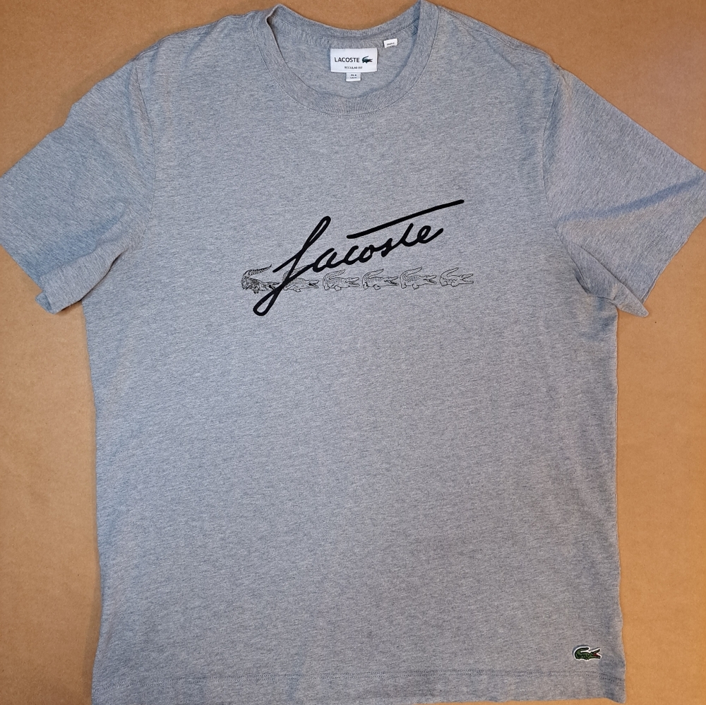 Lacoste Men's Signature And Crocodile Print Crew Neck Cotton T-Shirt sz L